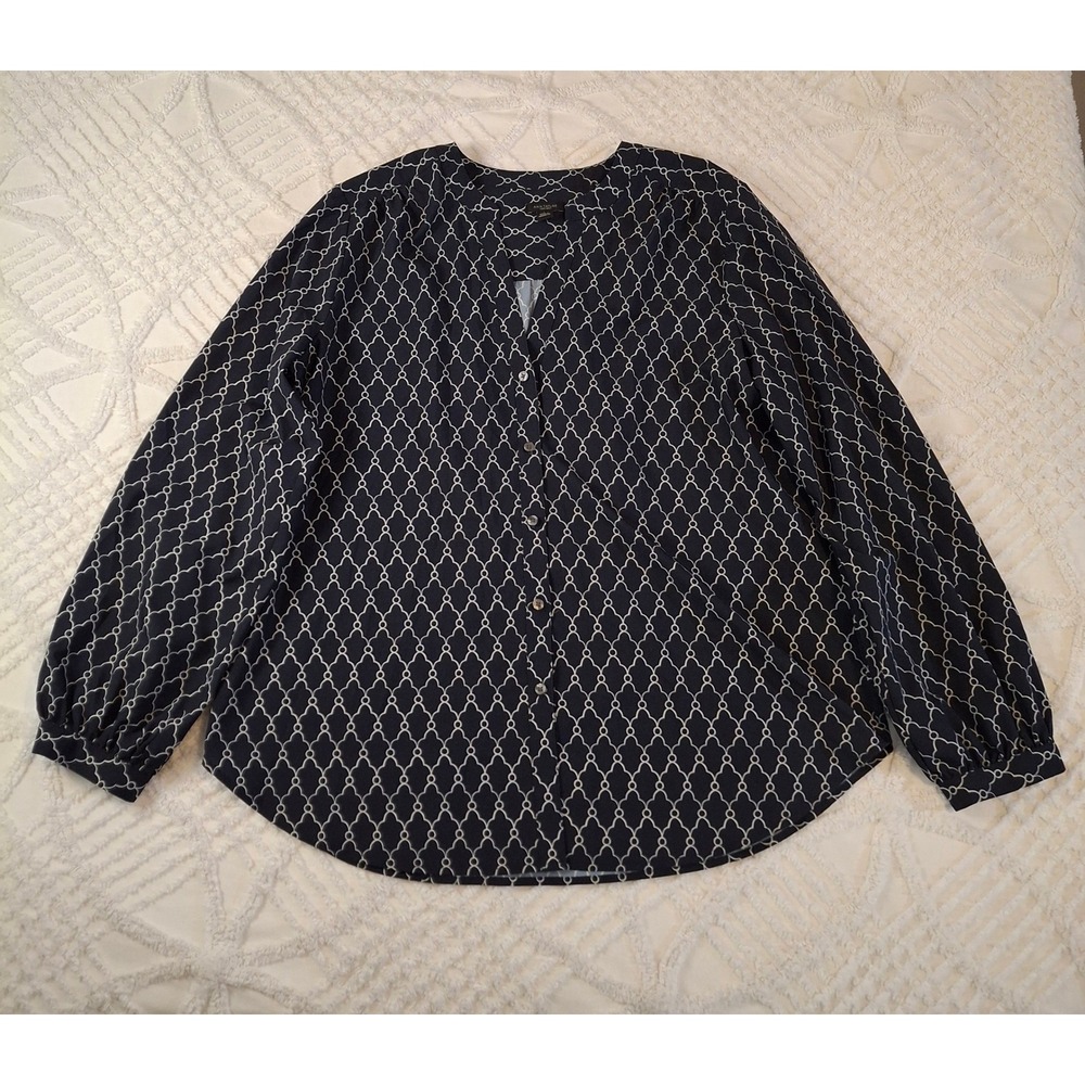 Ann Taylor Factory Large Blouse Navy Blue Button Front Long Sleeve Lightweight
